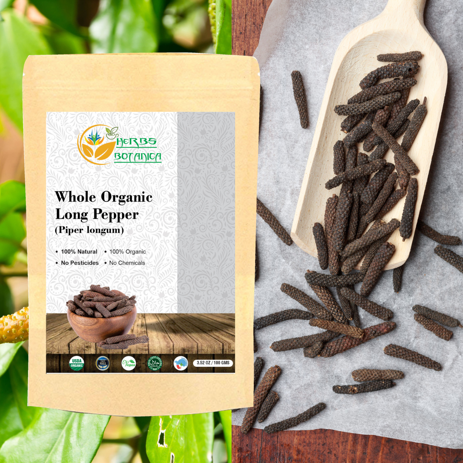Herbs Botanica Pure Long Pepper whole Piper longum Poivre long Pippali 3.52 oz