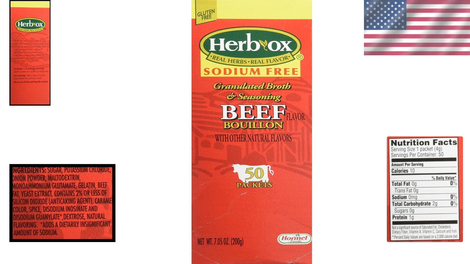 Herb Ox Sodium-Free Beef Bouillon – 50 Packets of Flavorful Granulated Broth