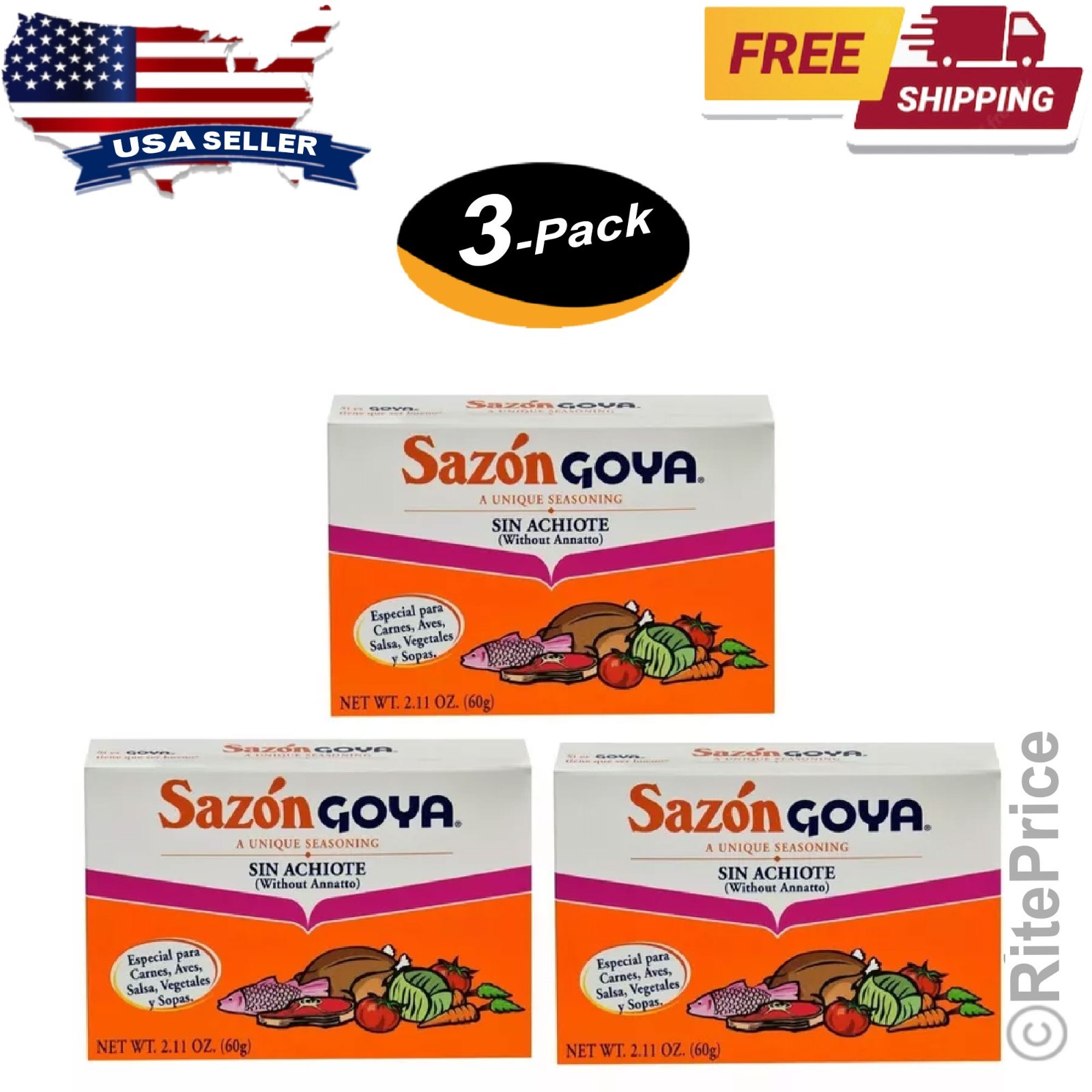 Goya Sazon Sin Achiote without Annato 2.11 oz (3 Pack) -New – Free Shipping