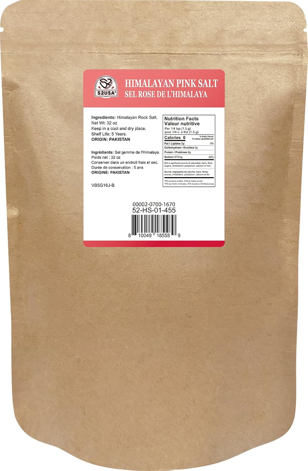 52USA Himalayan Pink Salt Coarse, Pink Himalayan Sea Salt, Coarse Grain 2 Lb, Hi