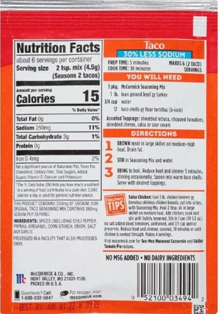 McCormick Less Sodium Taco Seasoning Mix