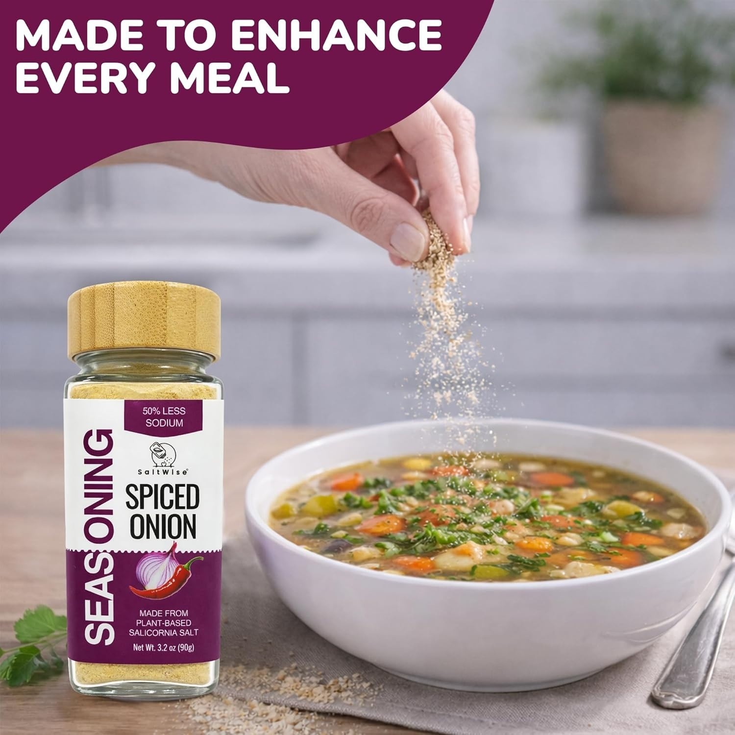 SaltWise Low Sodium Spiced Onion Salt Seasoning – Plant-Based Salicornia Salt,