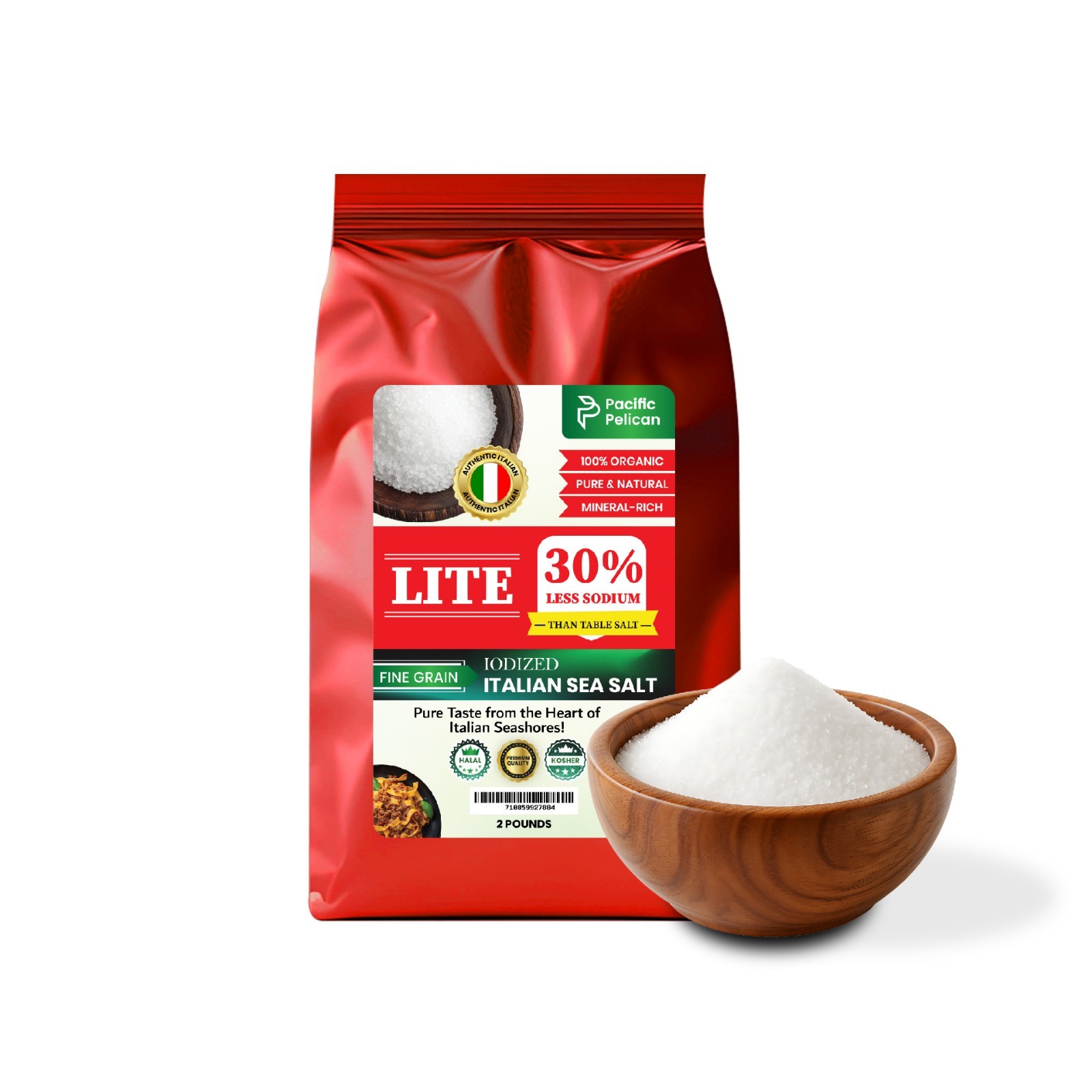 Pacific Pelican Iodized Lite Italian Sea Salt, 30% Less Sodium, Fine Grain, 2lbs