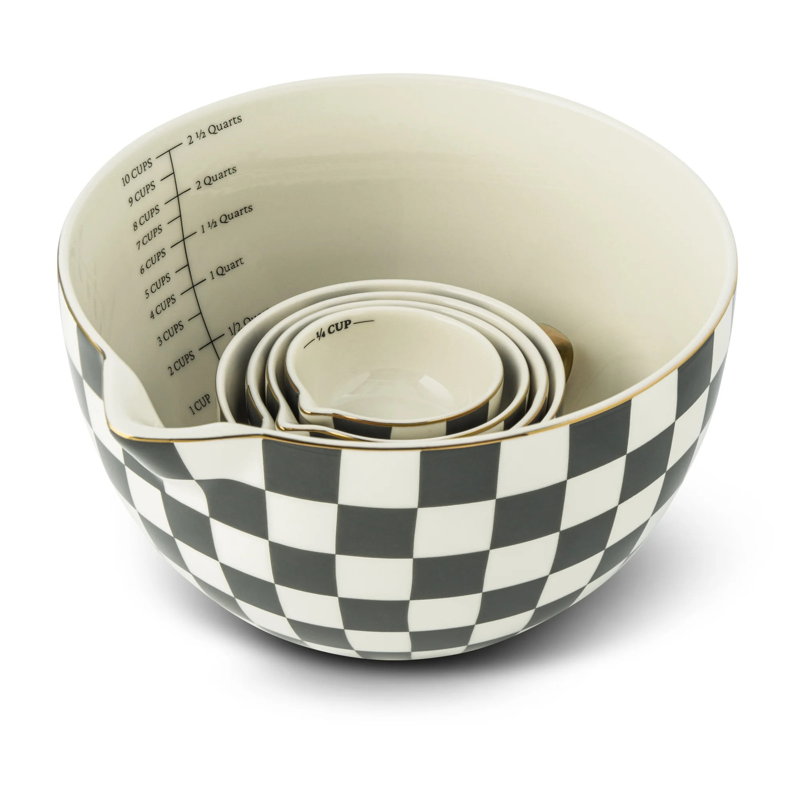 Thyme & Table 5-Piece Ceramic Mixing Bowl and Measuring Set – Green Checkered