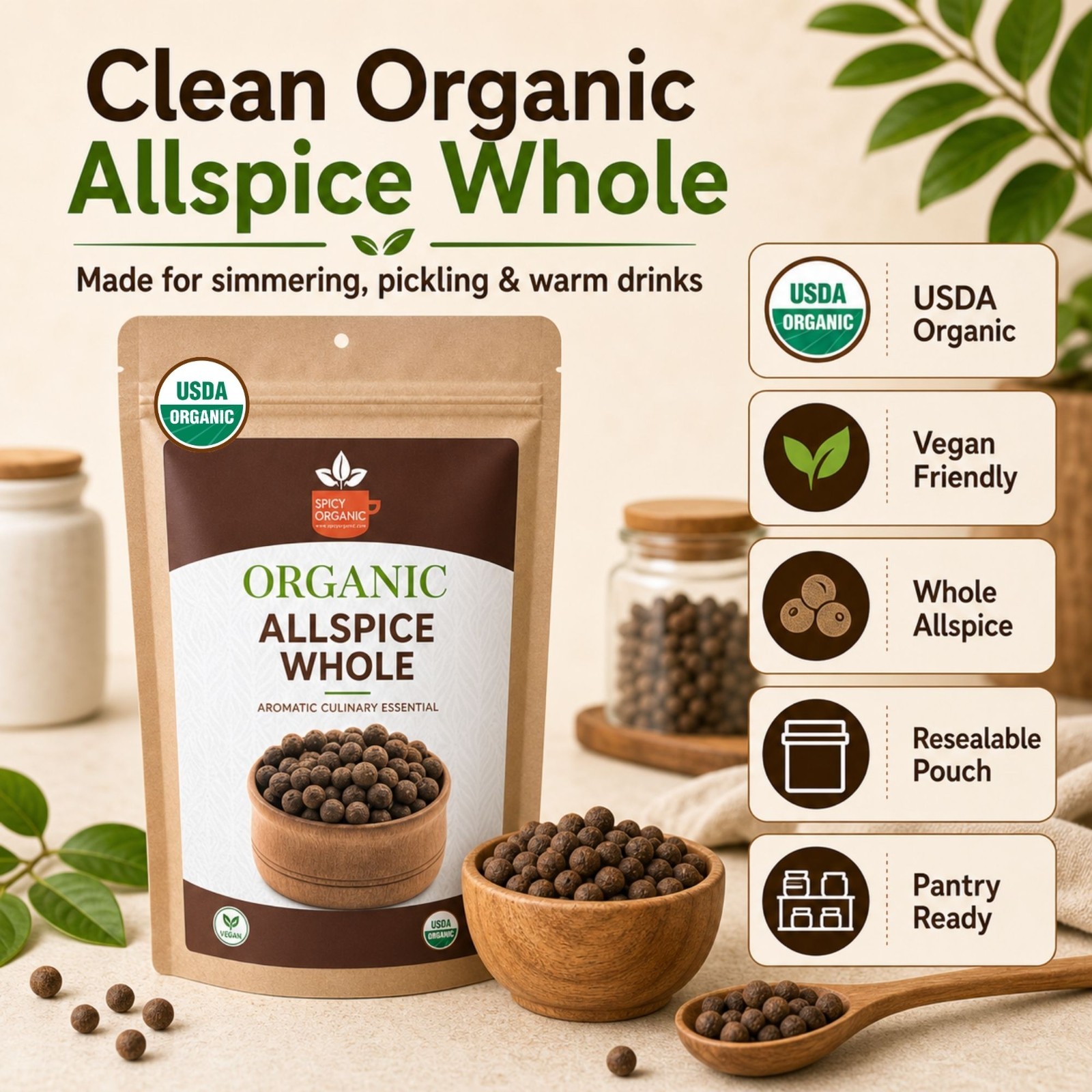 Spicy Organic Allspice Whole 8 oz | USDA Organic