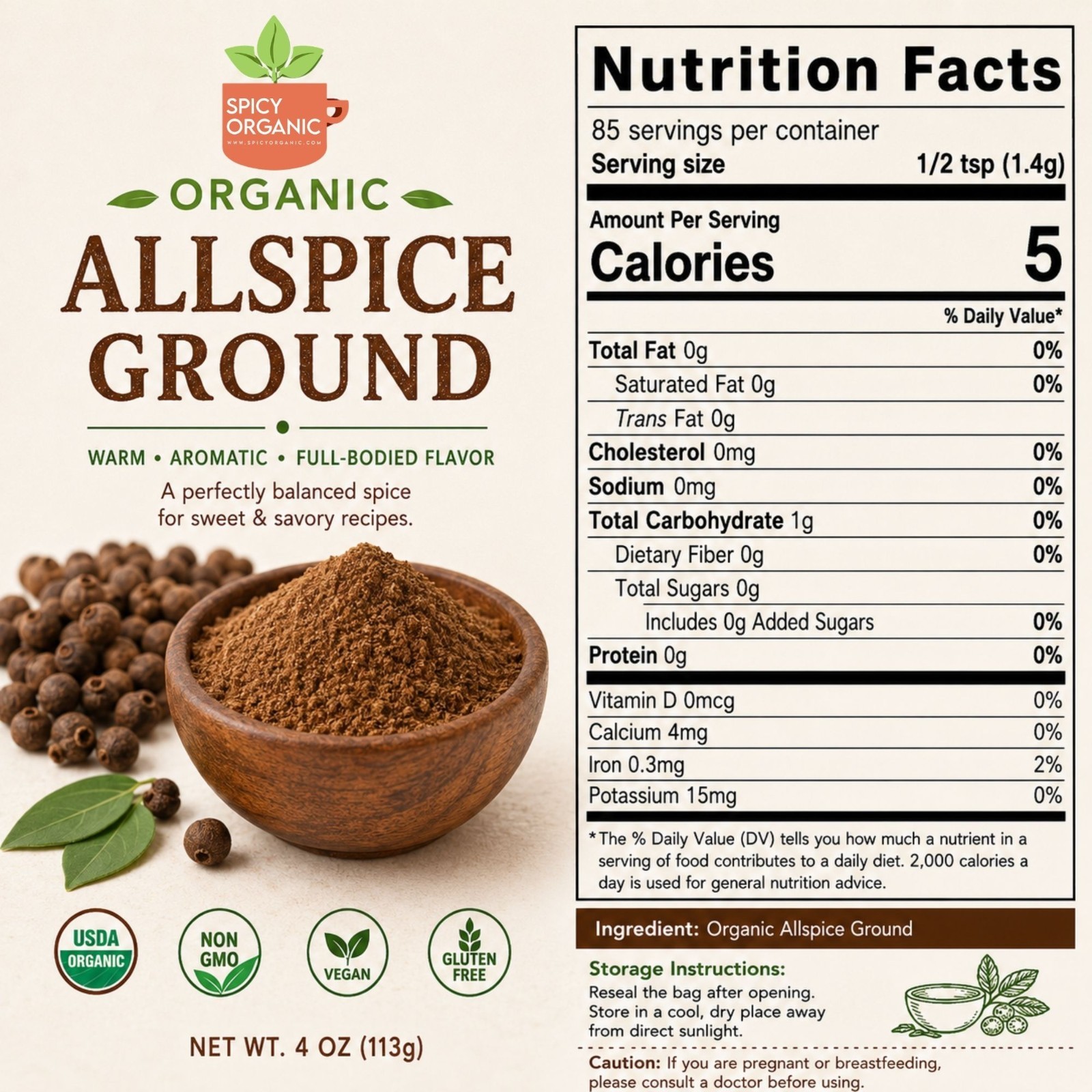 Spicy Organic Allspice Ground Powder 4 oz | USDA Organic