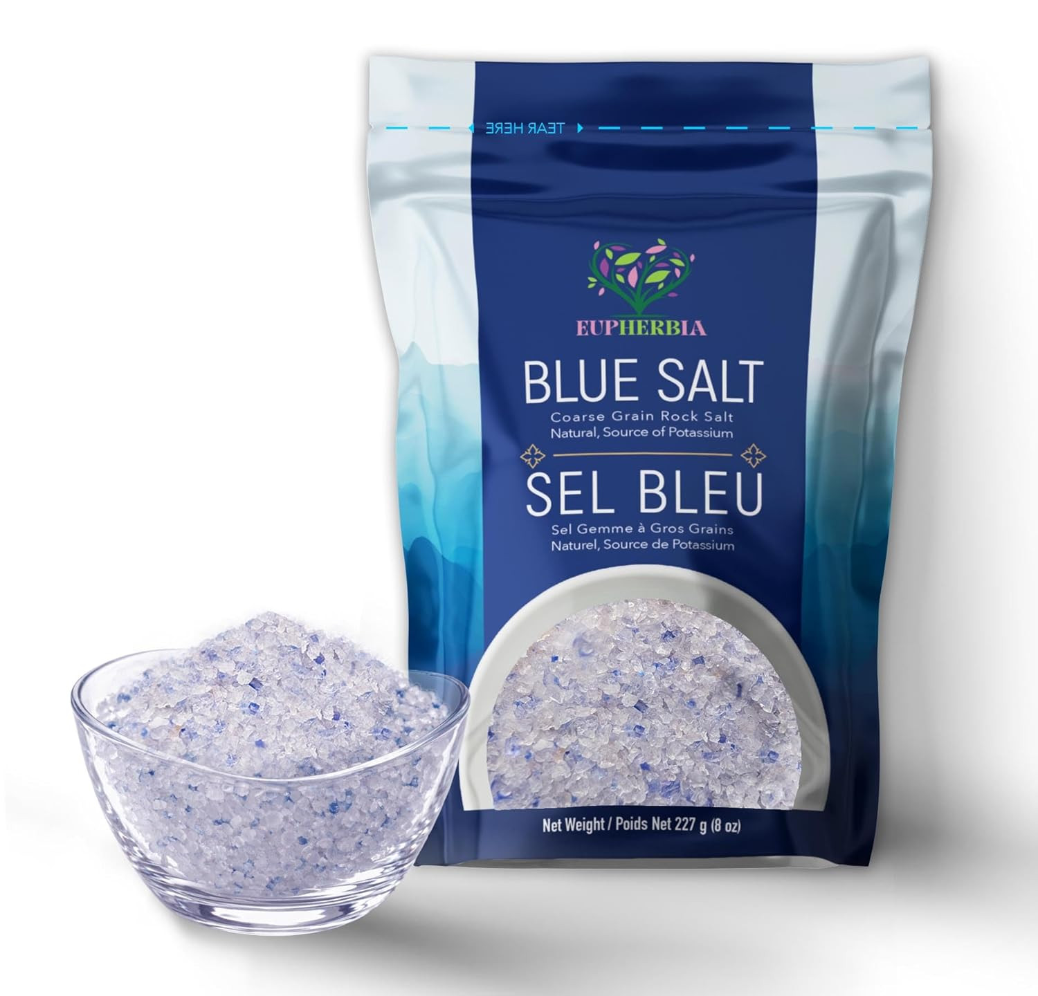 EUPHERBIA Blue Salt, Coarse, Rare Mineral Salt, High Potassium, Lower Sodium, Na