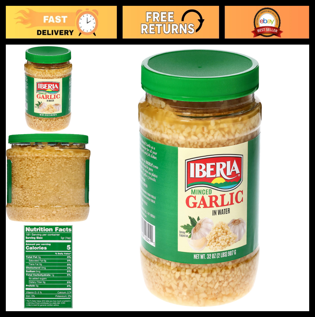 Minced Garlic in Water, 32 oz – Fresh Flavor for Cooking, Sauces & Dips