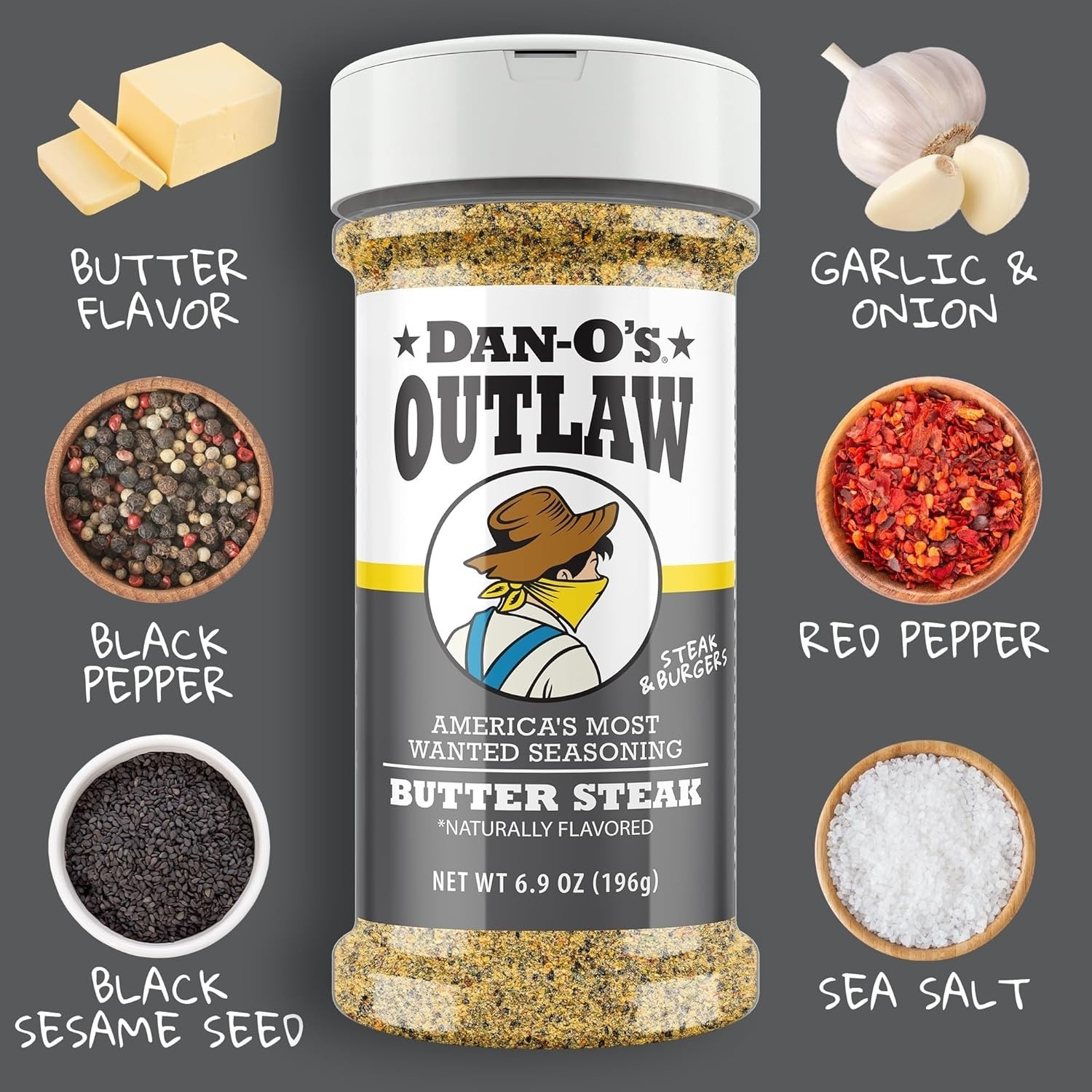 Outlaw Seasoning 6 Bottle, Butter Dust, Butter Steak, Spicy BBQ, Sweet Caribbean