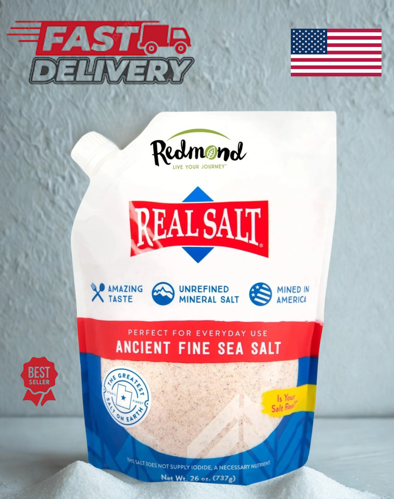 REDMOND Real Sea Salt – Natural Unrefined Gluten Free Fine, 26 Ounce Pouch – USA