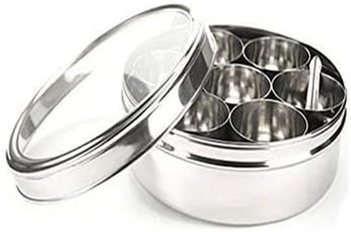 Stainless Steel Indian Spice Box – 7 Containers, Masala Dabba, Kitchen Spice Con