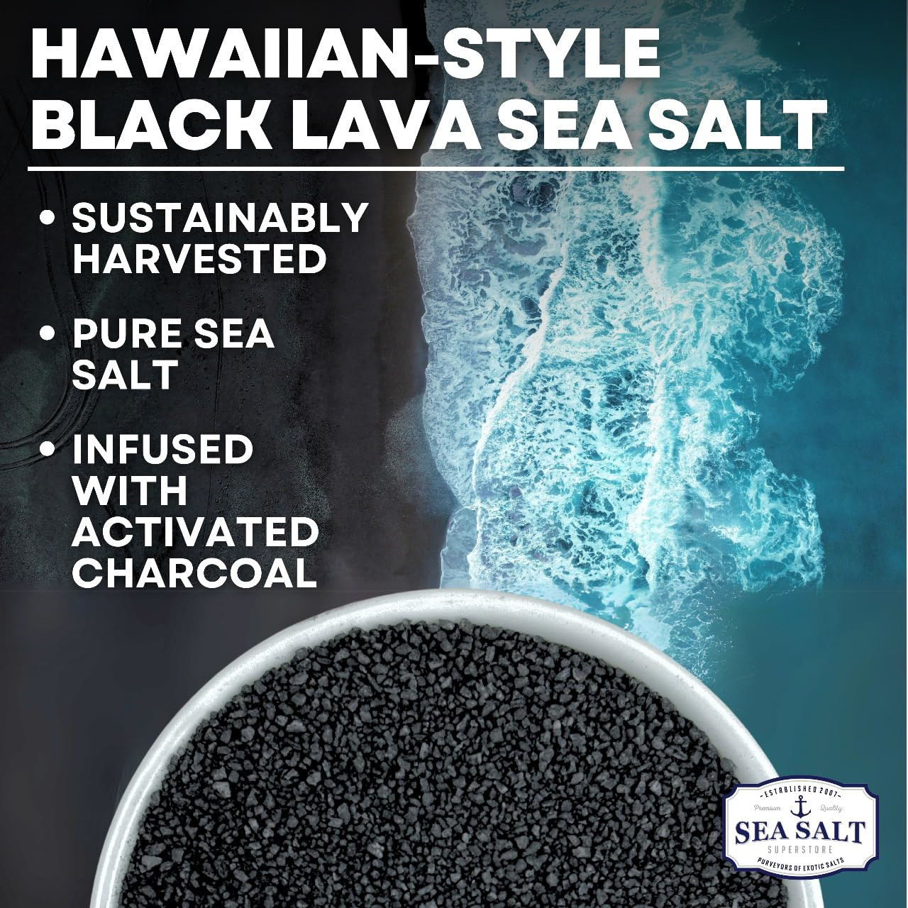 Black Salt, Hawaiian-Style Black Lava Sea Salt, Black Sea Salt with Activated &