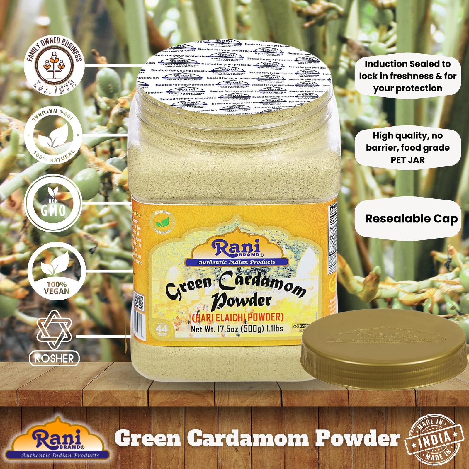 Rani Green Cardamom Pods Powder, Ground with Green Husks (Hari Elachi) 17.5oz