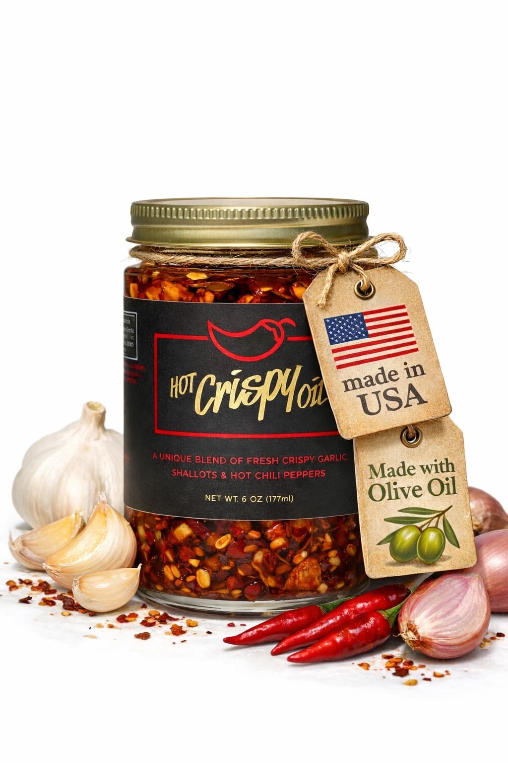 Hot Crispy Oil – Spicy Chili Crisp 6 Ounce (Pack of 1), red, black, gold