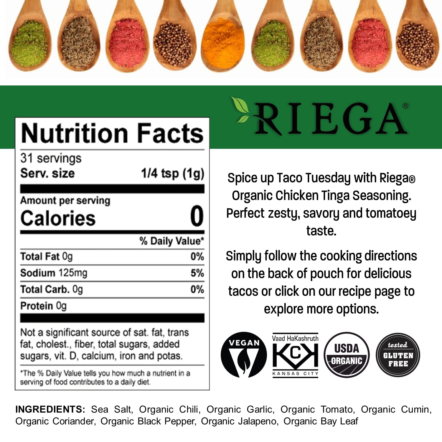Riega Street Taco Seasoning, Organic Mexican Spice 1.1 Ounce (Pack of 8)