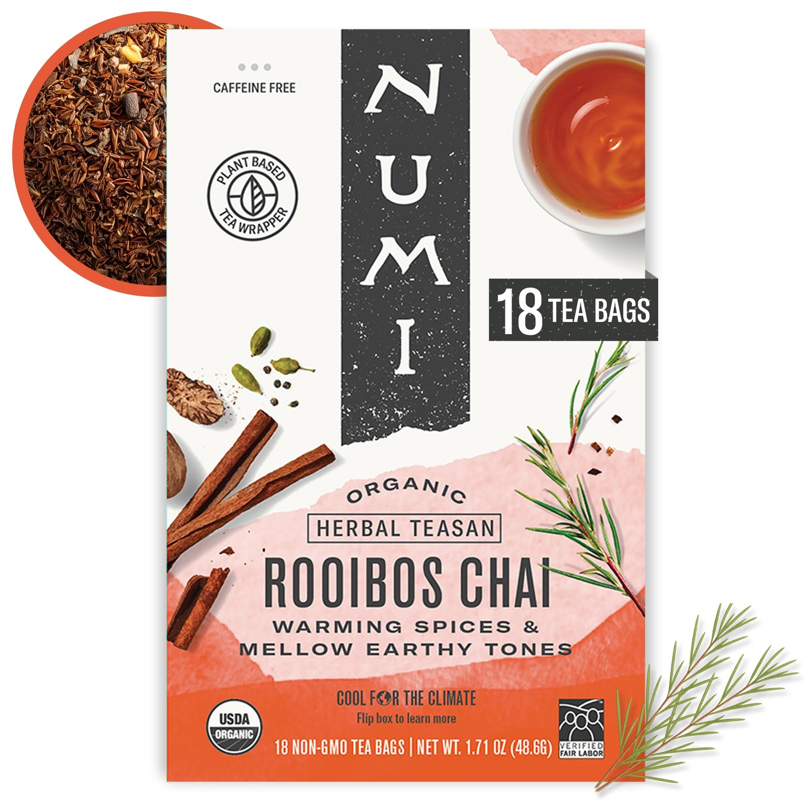 Numi Organic Rooibos Chai Tea, 18 Herbal Bags, 18 Count (Pack of 1), No Color