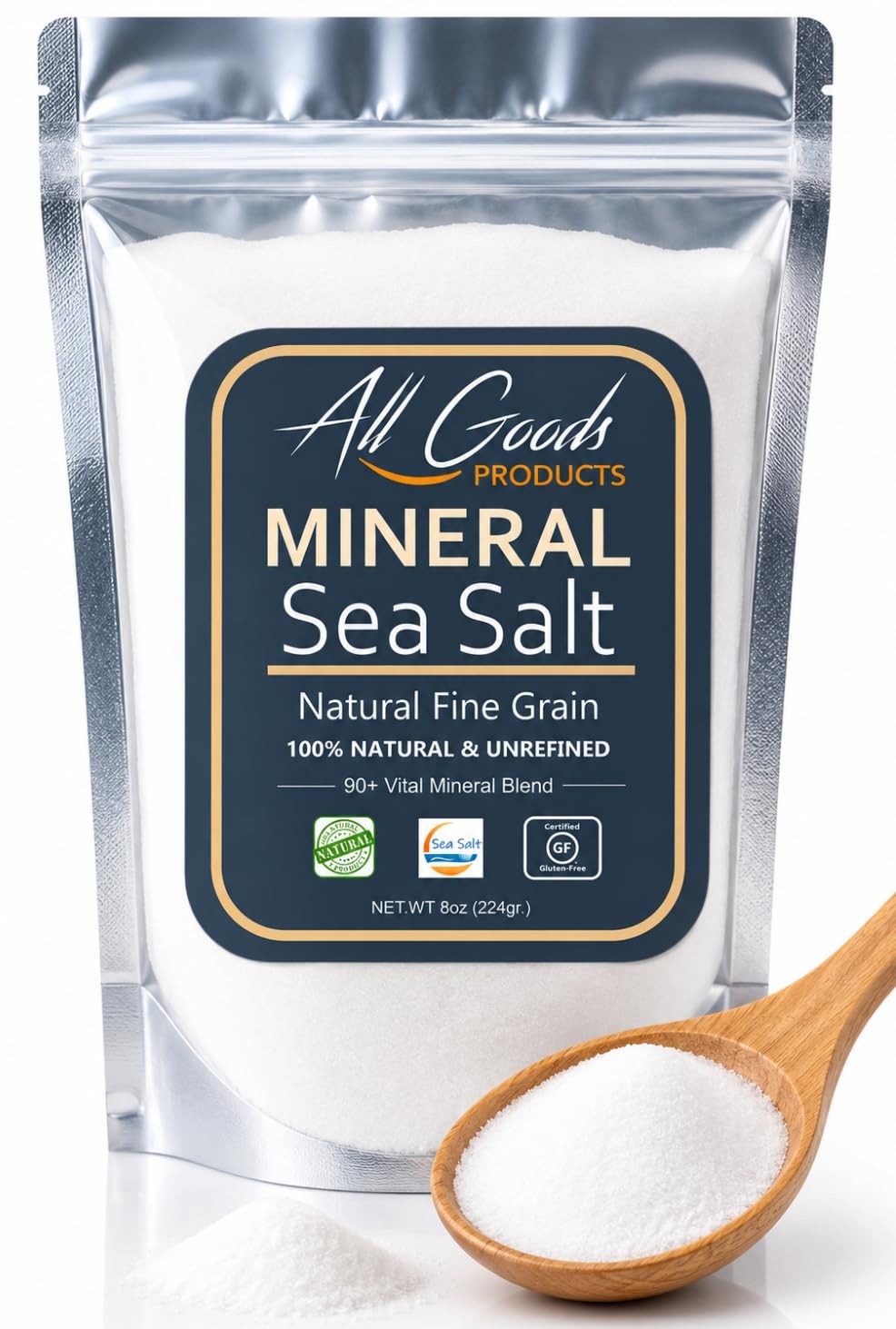All Goods Products Mineral Sea Salt – Fine Grain, 8 oz, 100% Natural, HandHar…