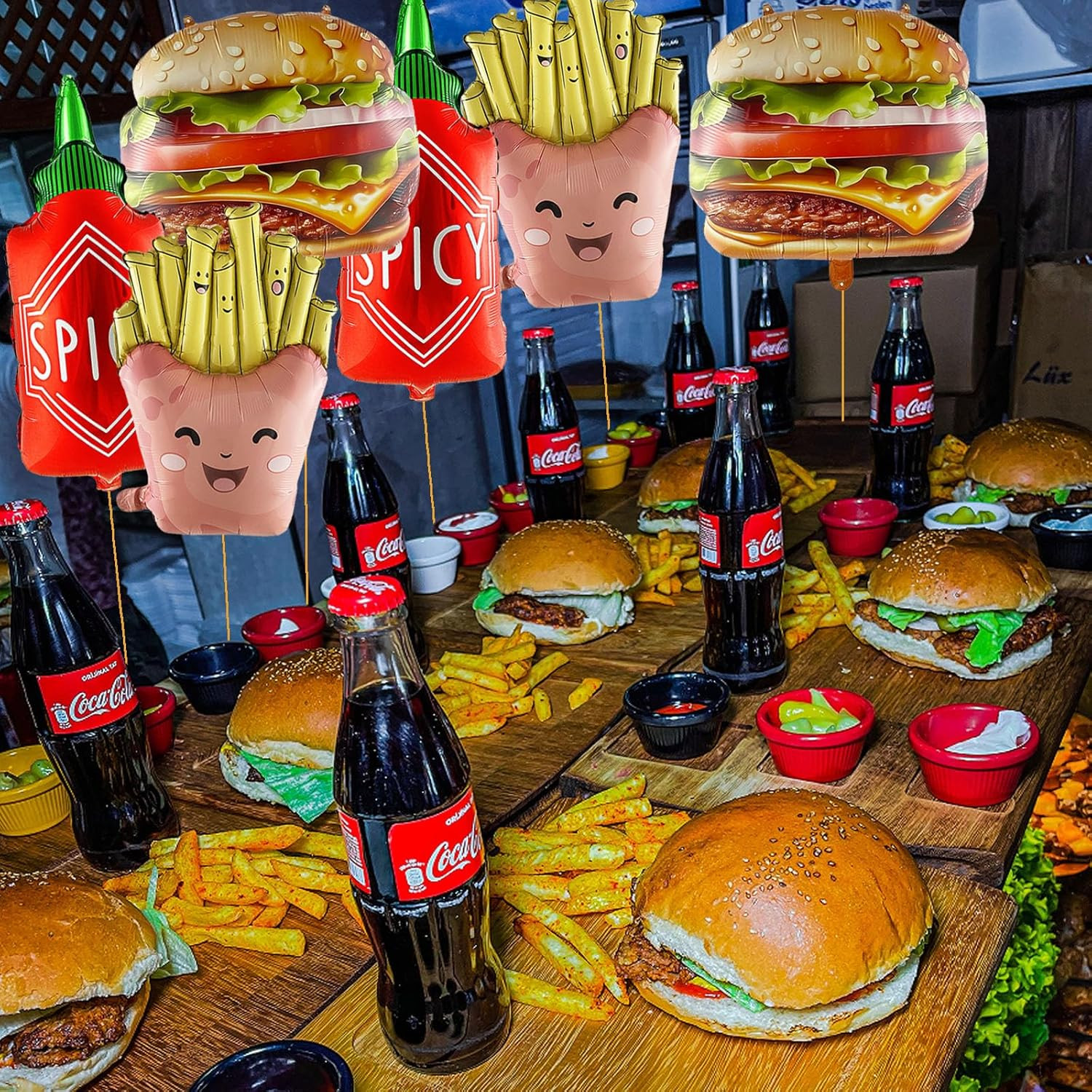 6Pcs Food Themed Decorations French Fries Hamburg Spicy Seasoning Bottle Foil My
