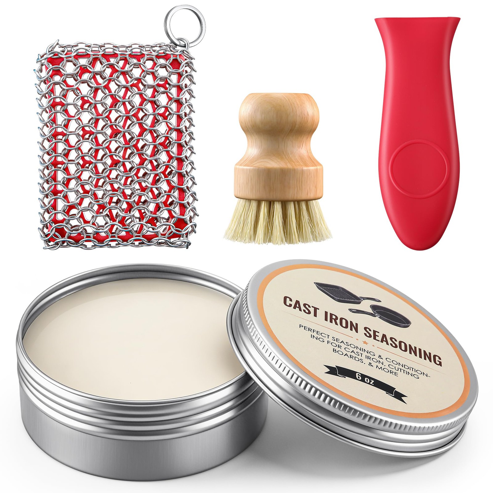 4pcs Cast Iron Cleaner and Care Kit – 6oz Cast Iron Seasoning Wax, Chainmail …