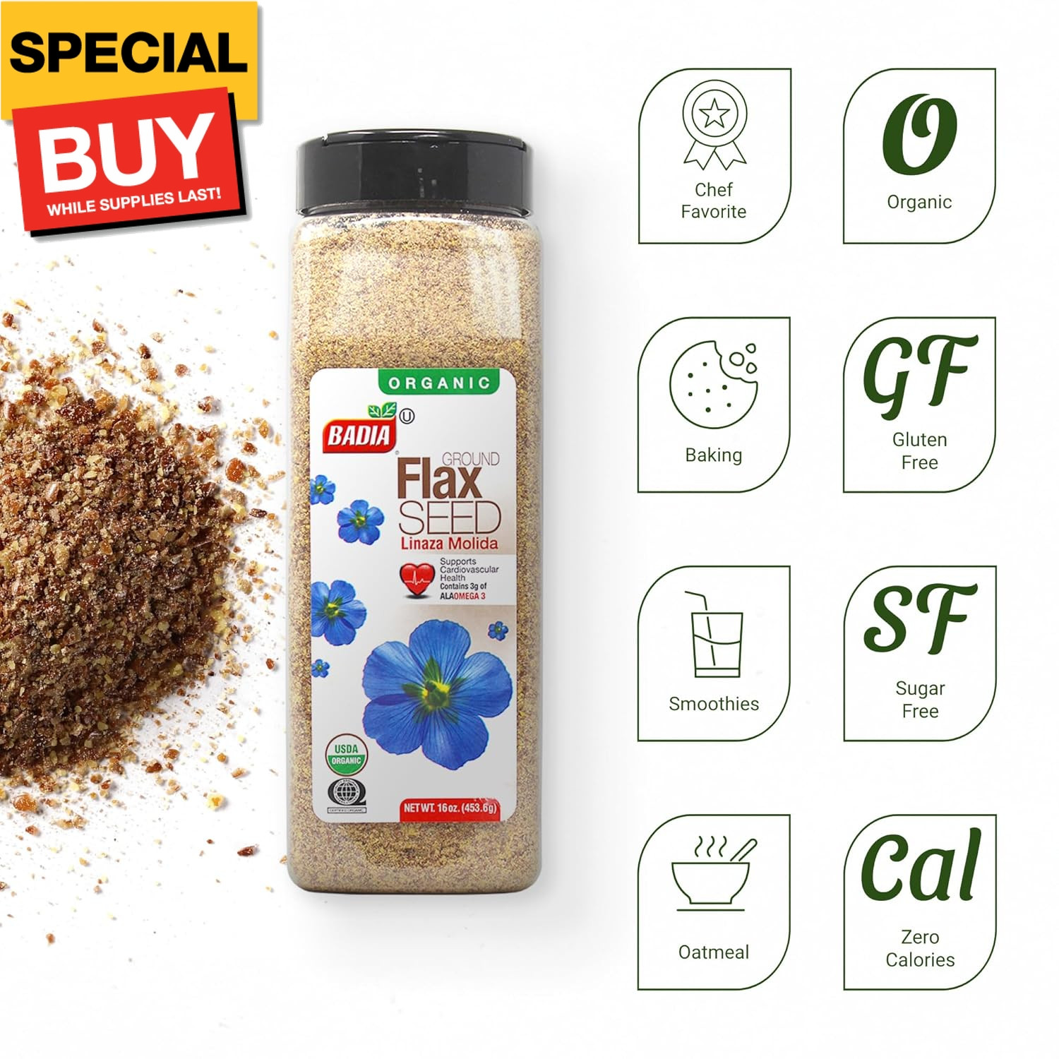 Organic Ground Flax Seed, 16 oz – Superfood High in Fiber & Omega-3, Certified O