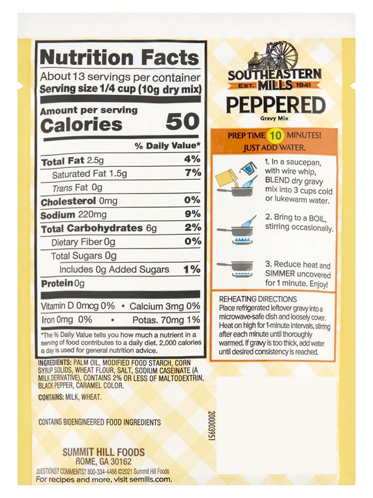 Southeastern Mills Gravy Mix Packet, Peppered Gravy Mix, Makes 3 ½ Cups of Gravy