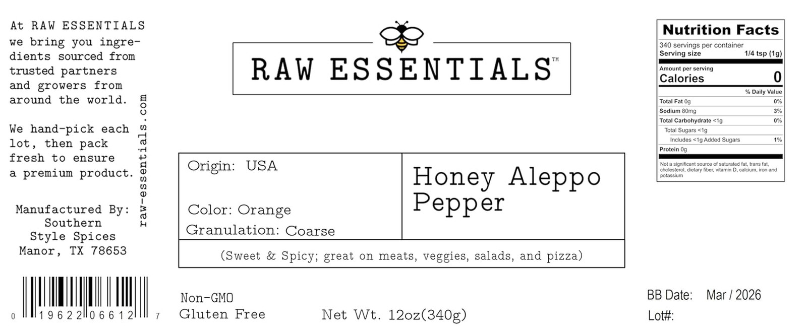 Raw Essentials Honey Aleppo Pepper – 12 Oz Bottle – Sweet and Spicy – Great on M