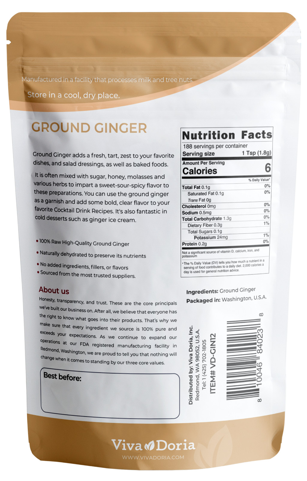 Viva Doria Ginger Root Powder, Raw Ground Ginger, 12 oz