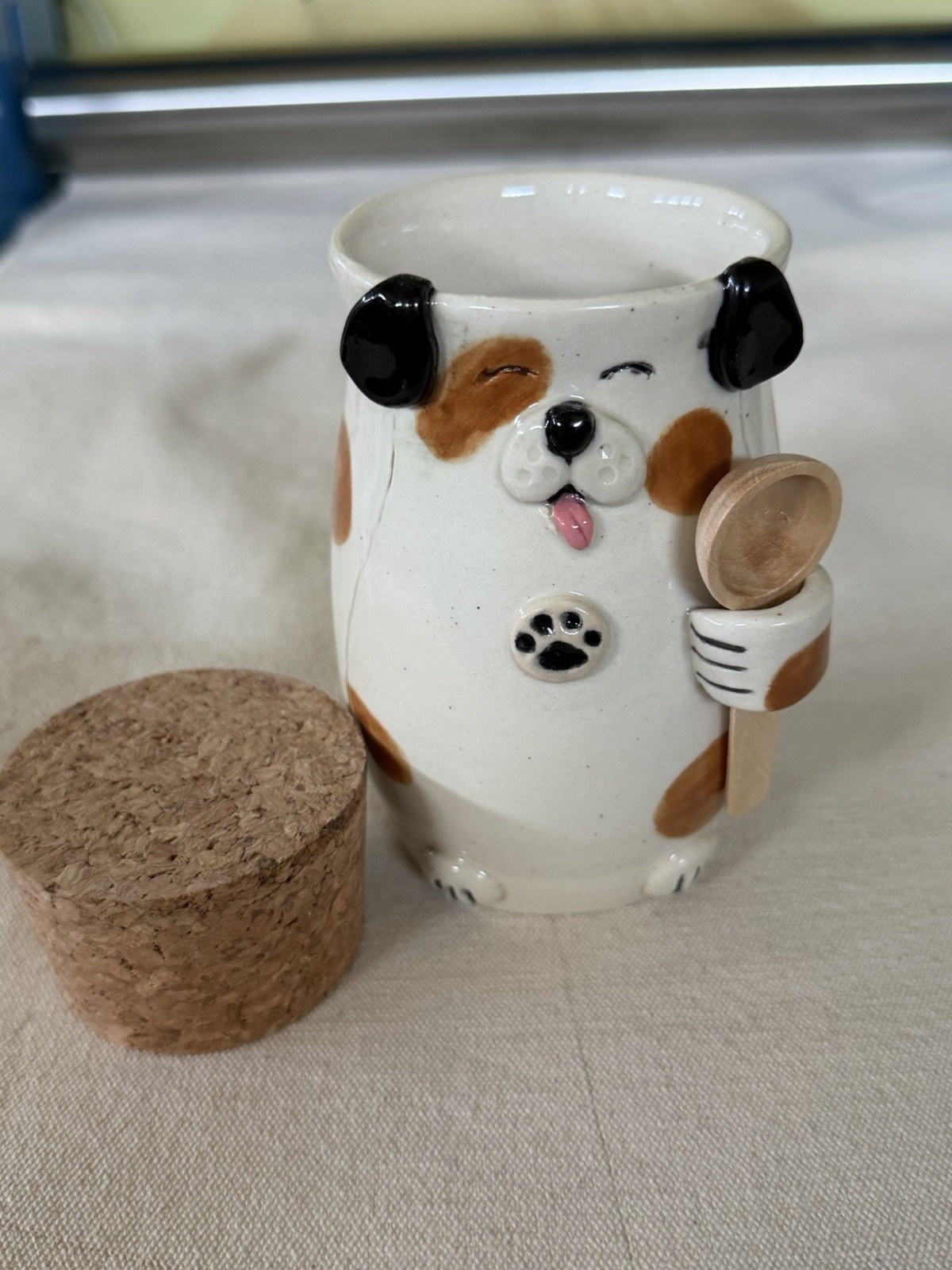 Salty Dog Salt Vault w/ Cork Lid & Mini Spoon, Glossy Handmade (OOAK) 5”x2.5”