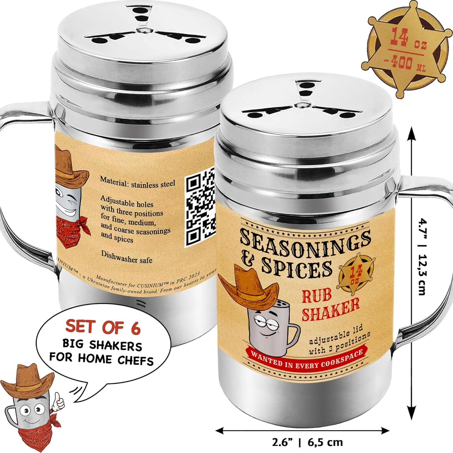 [Pack of 6] 14 Oz Seasonings Spice Shakers – BBQ Dry Rub Shakers – Cooking Dredg