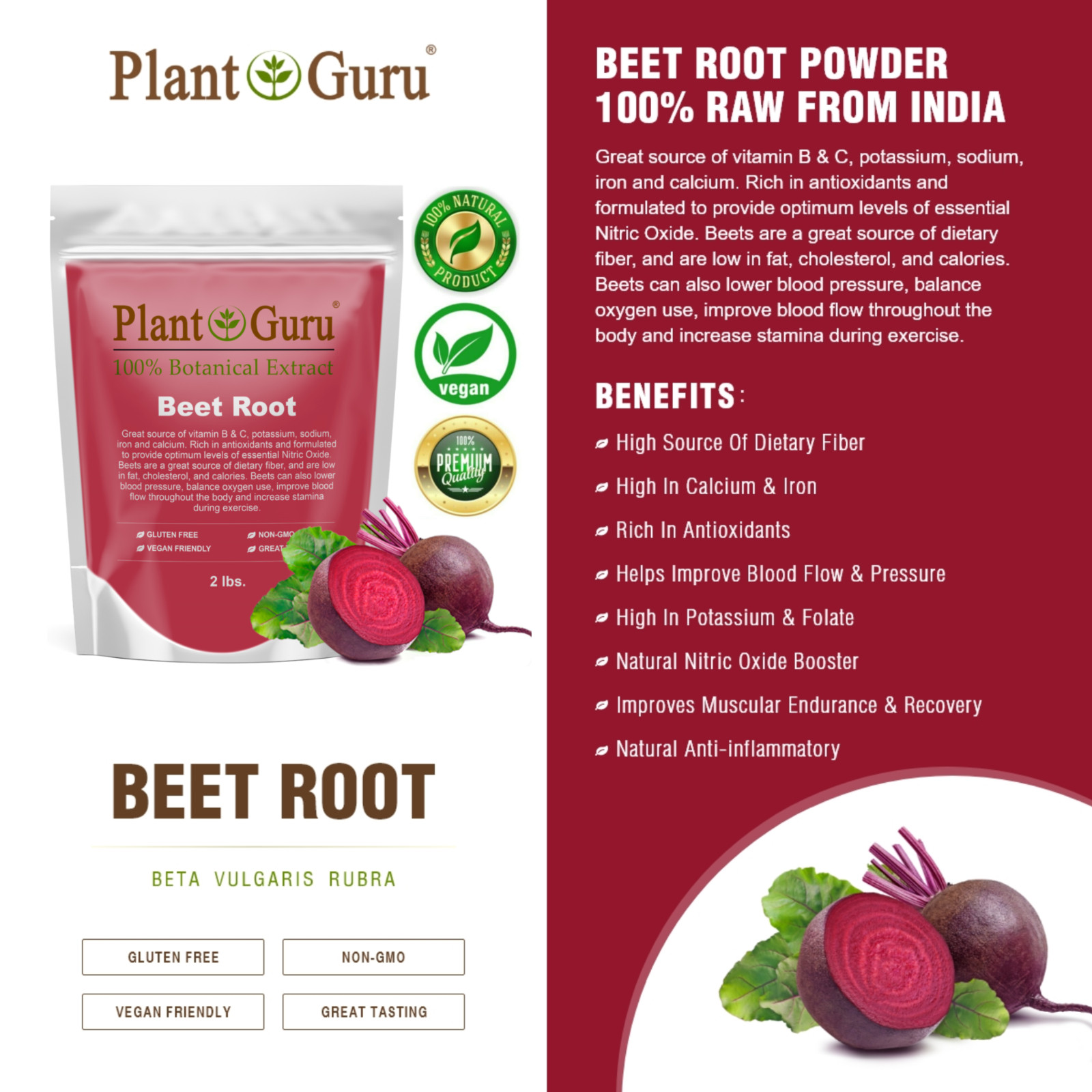Red Beet Root Powder 2 lb. Beta Vulgaris Non-GMO Nitric Oxide Extract Super Food