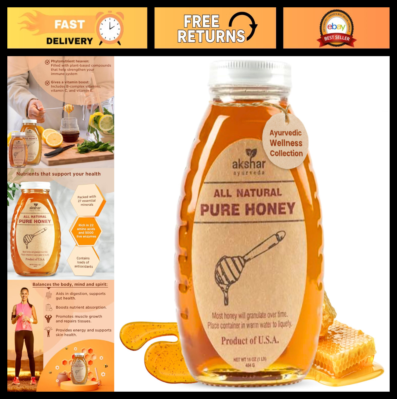 Pure Honey 16 Oz – All Natural USA Honey in Glass Jar – Smooth, Easy to Pour, Su
