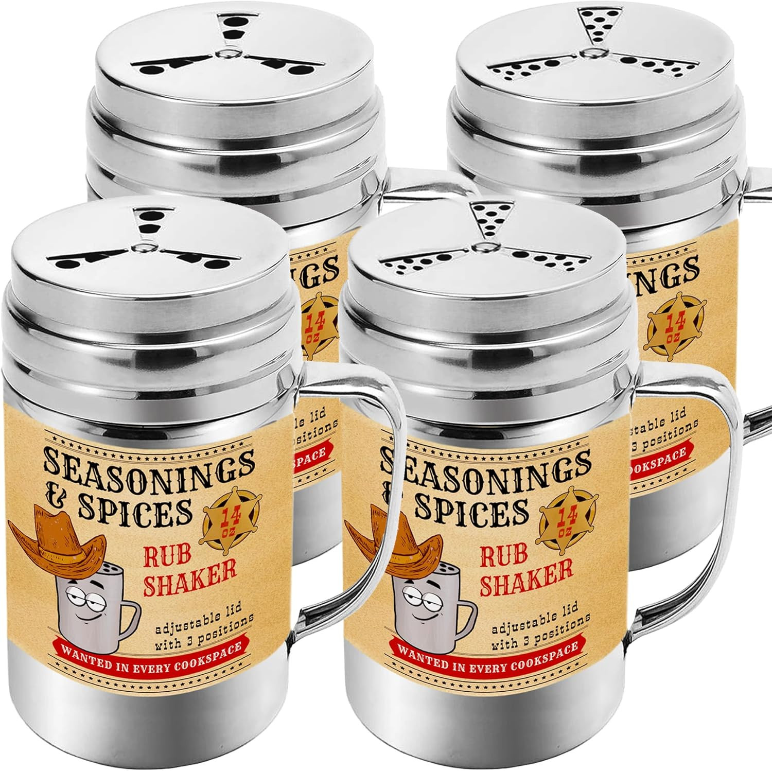 [Pack of 4] 14 oz Seasonings Spice Shakers – BBQ Dry Rub Shakers – Cooking Dredg