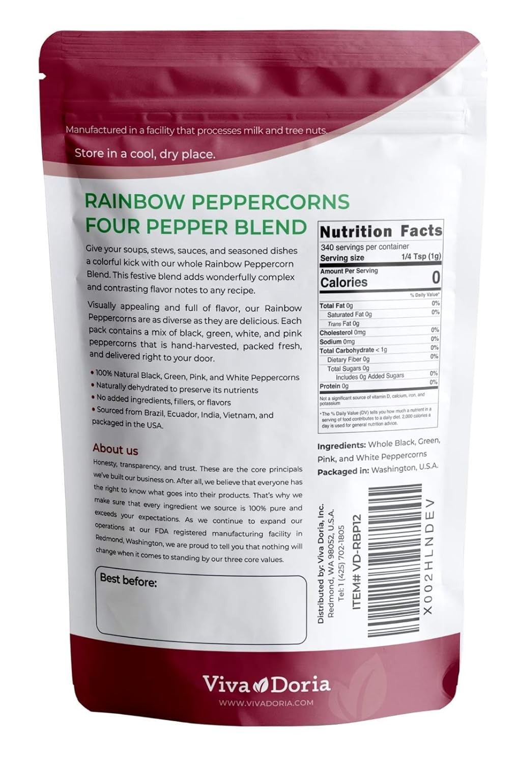 Rainbow Peppercorns Blend Whole Black Green Pink White Spice for Grinder 12 Oz