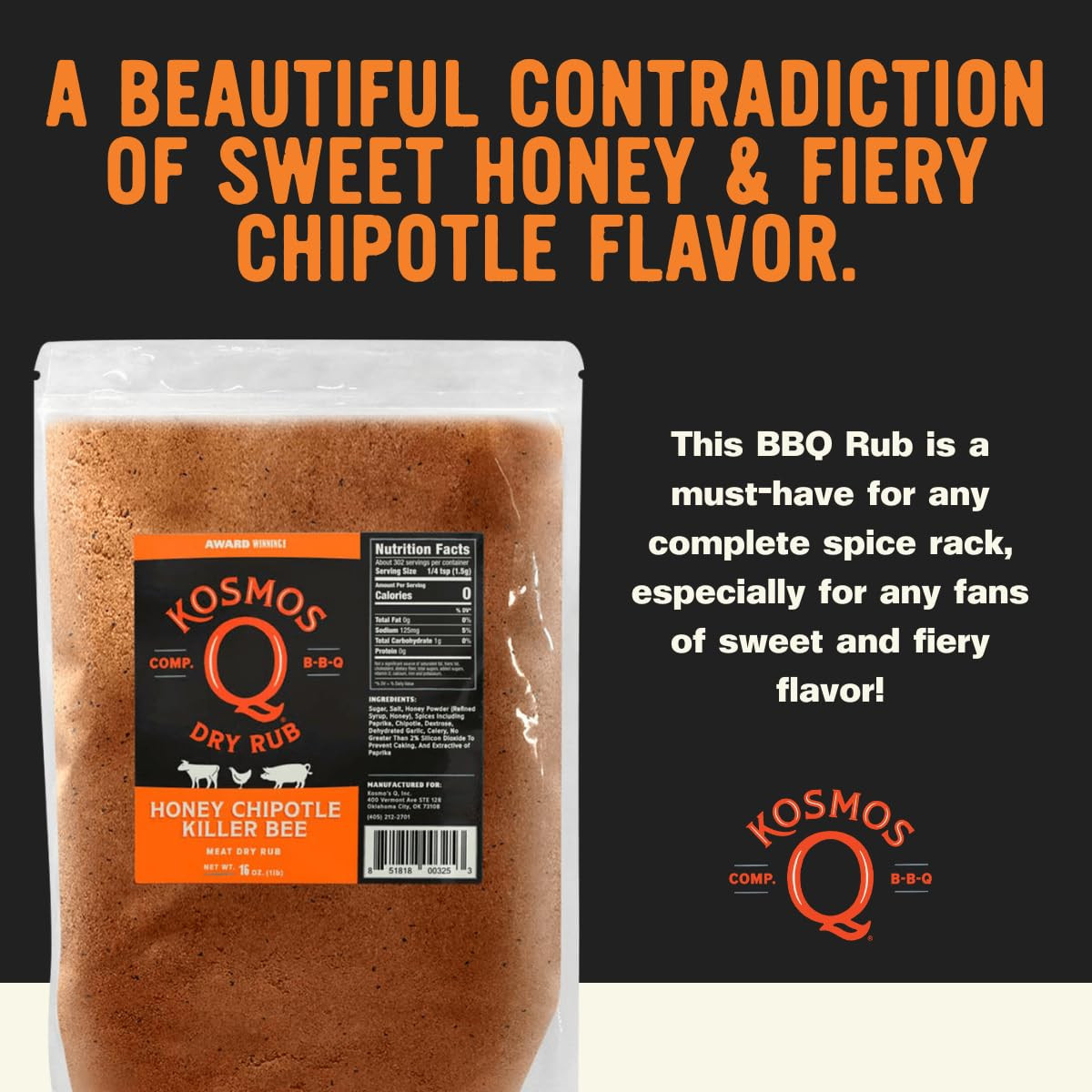 Kosmos Q Honey Chipotle Killer Bee BBQ Dry Rub, Sweet and Spicy Seasoning with S