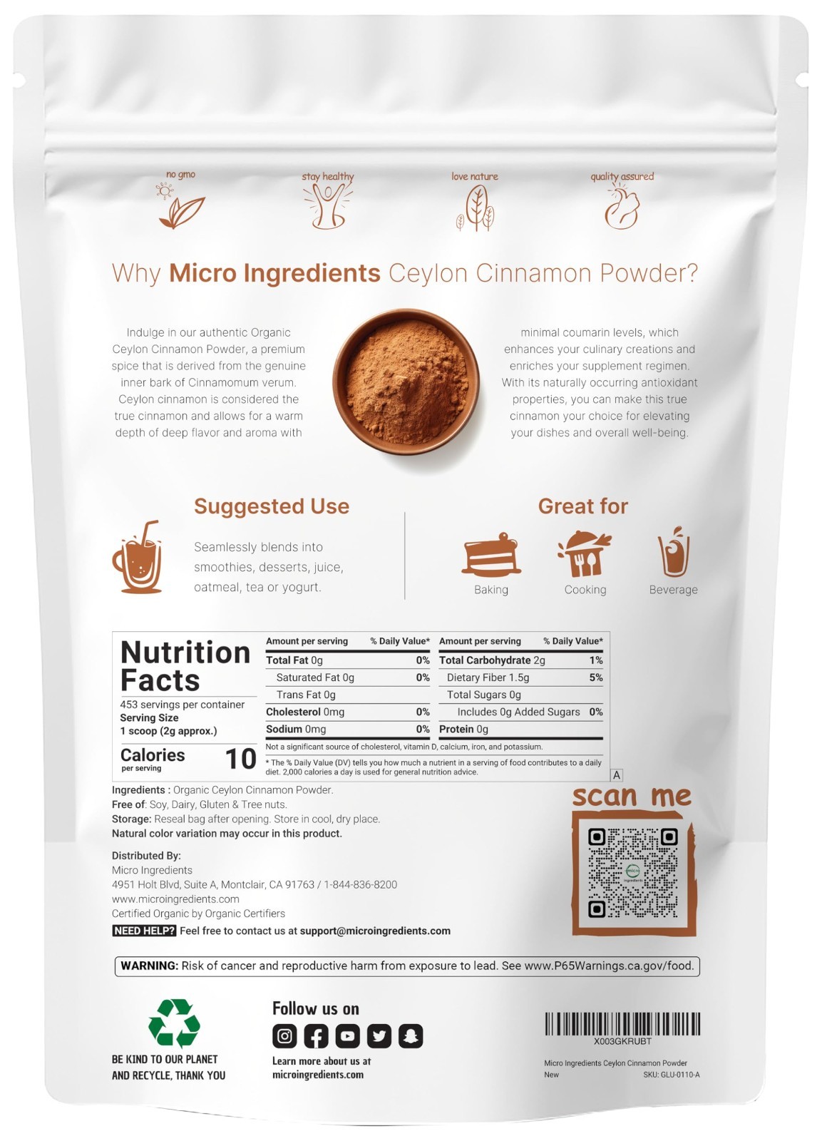 Organic Ceylon Cinnamon Powder 2 lb – Sweet Earthy Flavor for Baking & Cooking,