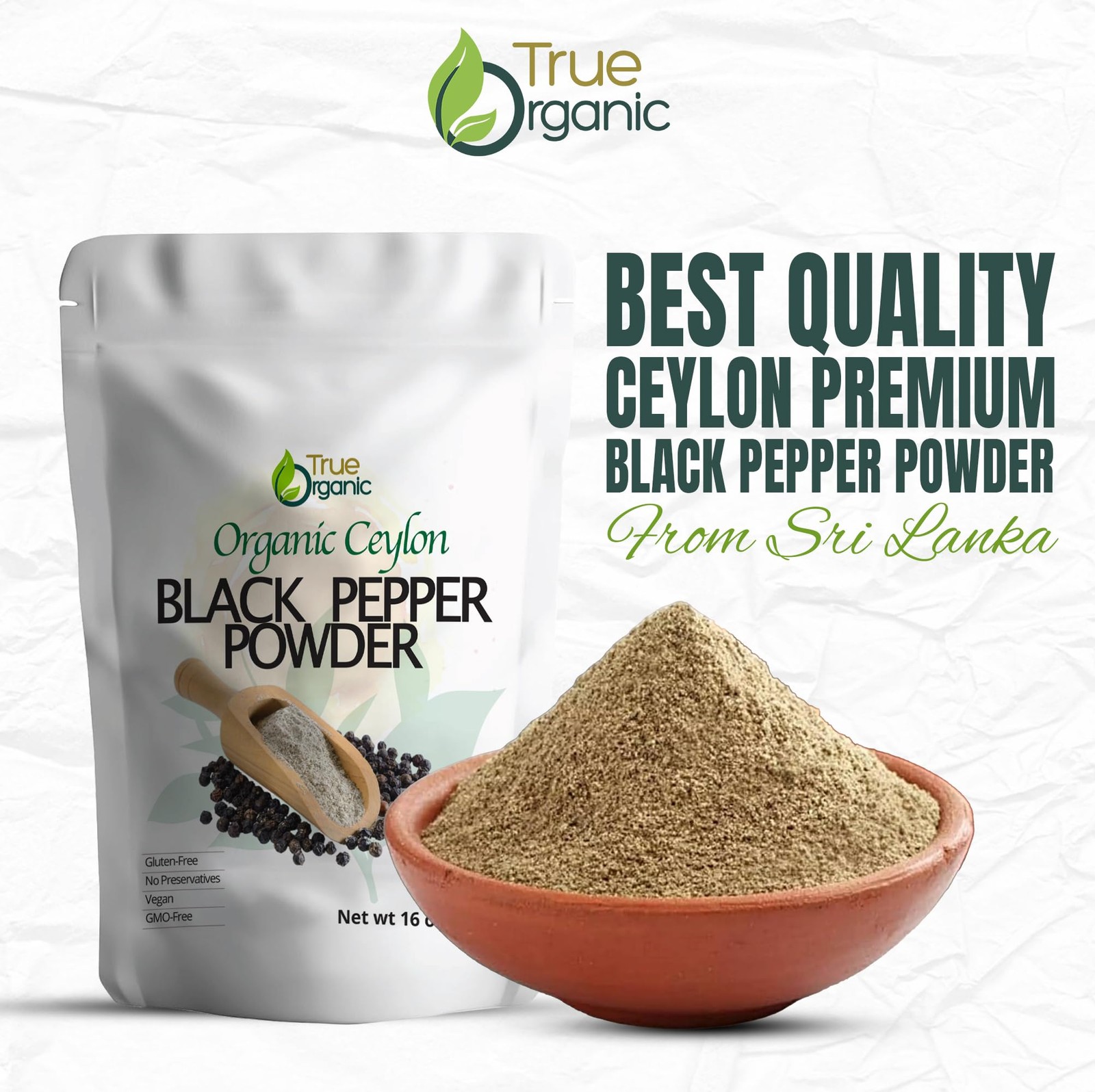 True Organic Black Pepper Ground, 1 lb, Gluten-Free Premium 16 oz, black