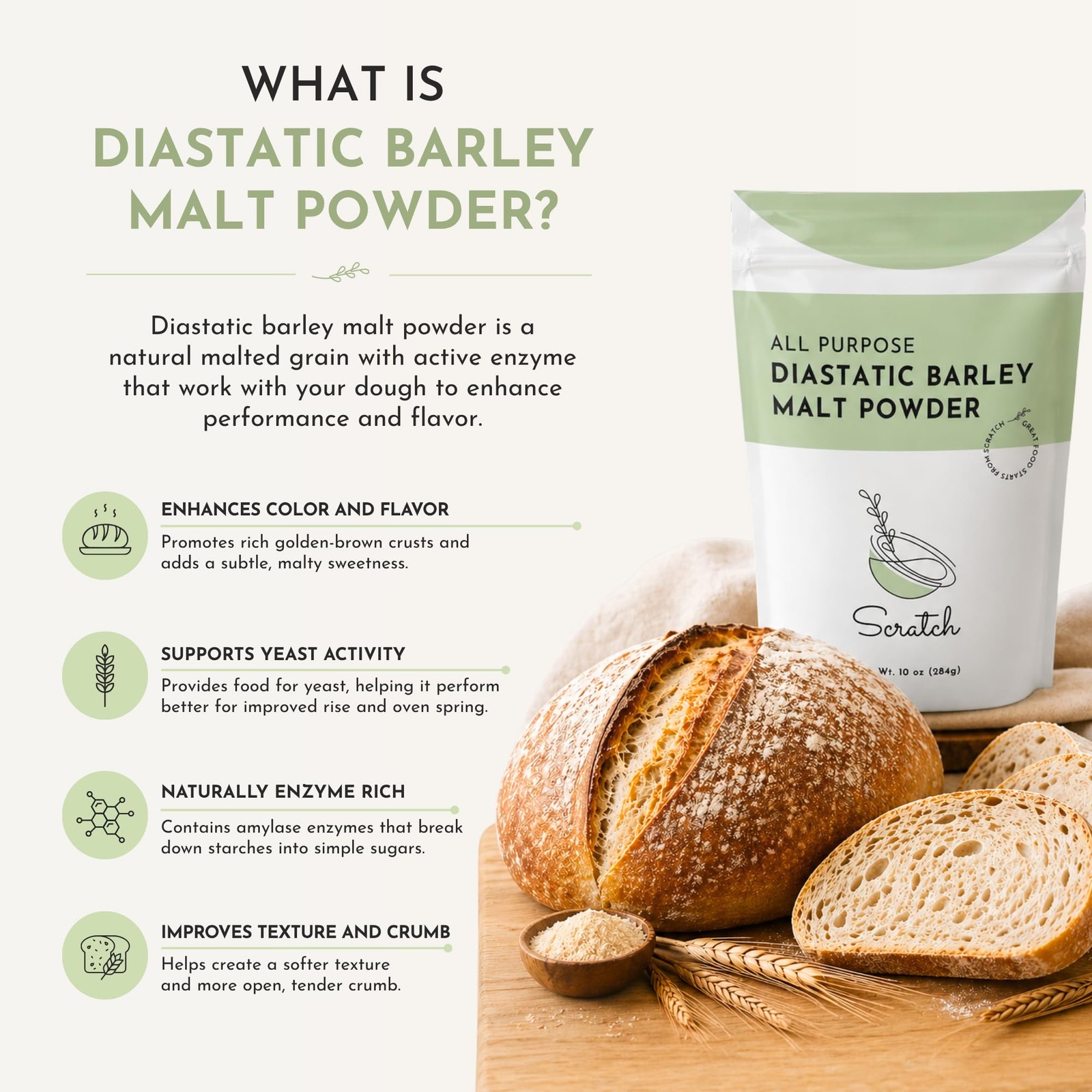 Scratch Diastatic Malt Powder for Baking – (10oz) Dried 10 Ounce (Pack of 1)