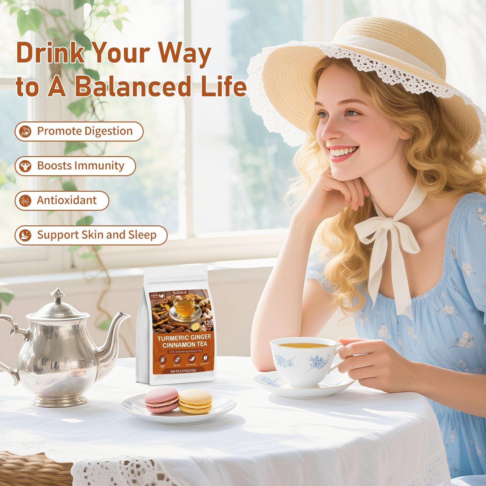 Turmeric Ginger Cinnamon Tea Bags, Pure Natural 60 Bags/1 Pack