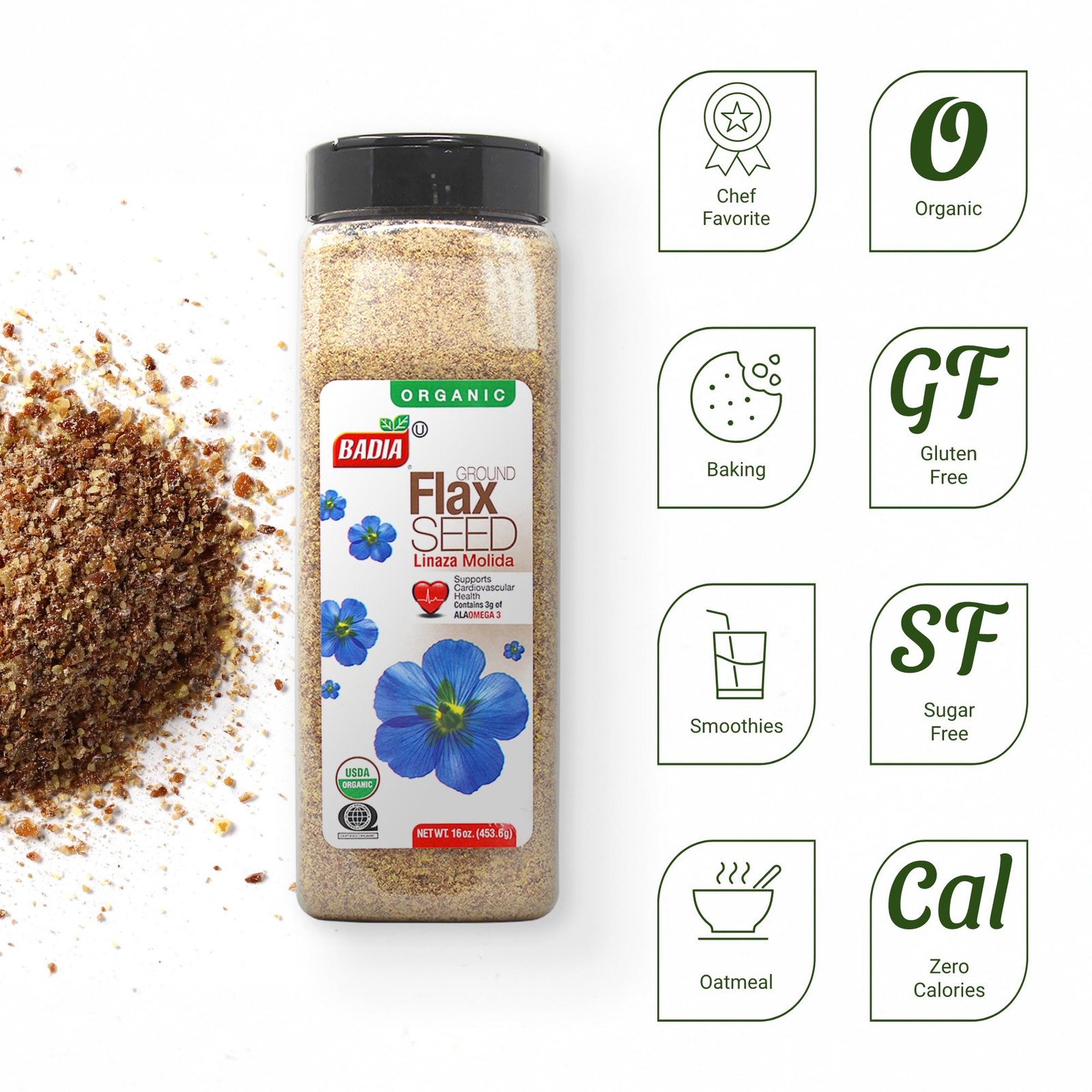 Badia Organic Ground Flax Seed, 16 oz – Superfood High in 1 Pound (Pack of 1)