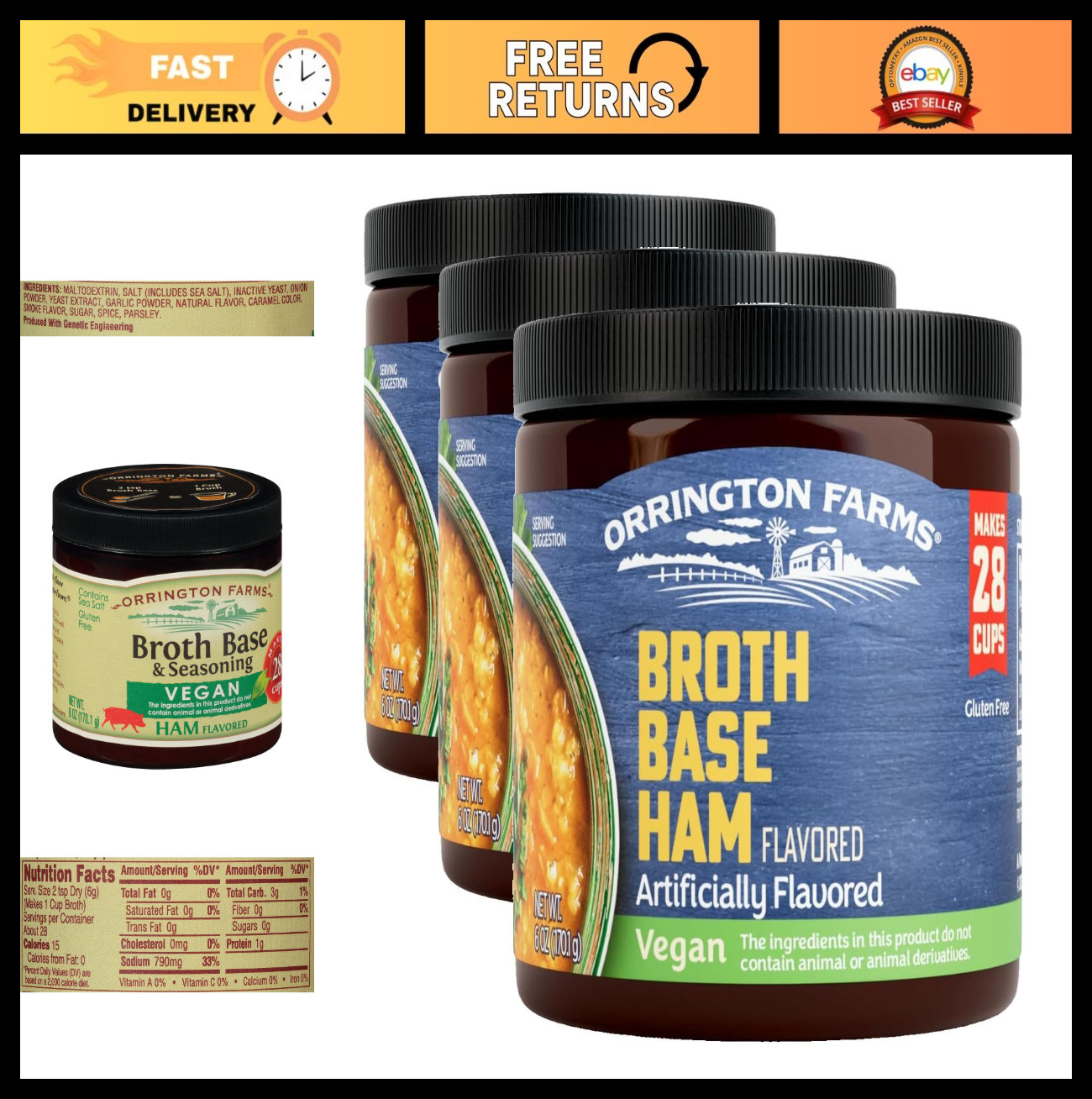 Vegan Ham Broth Base & Seasoning, Flavorful Soup Mix, 6oz (Pack of 3)