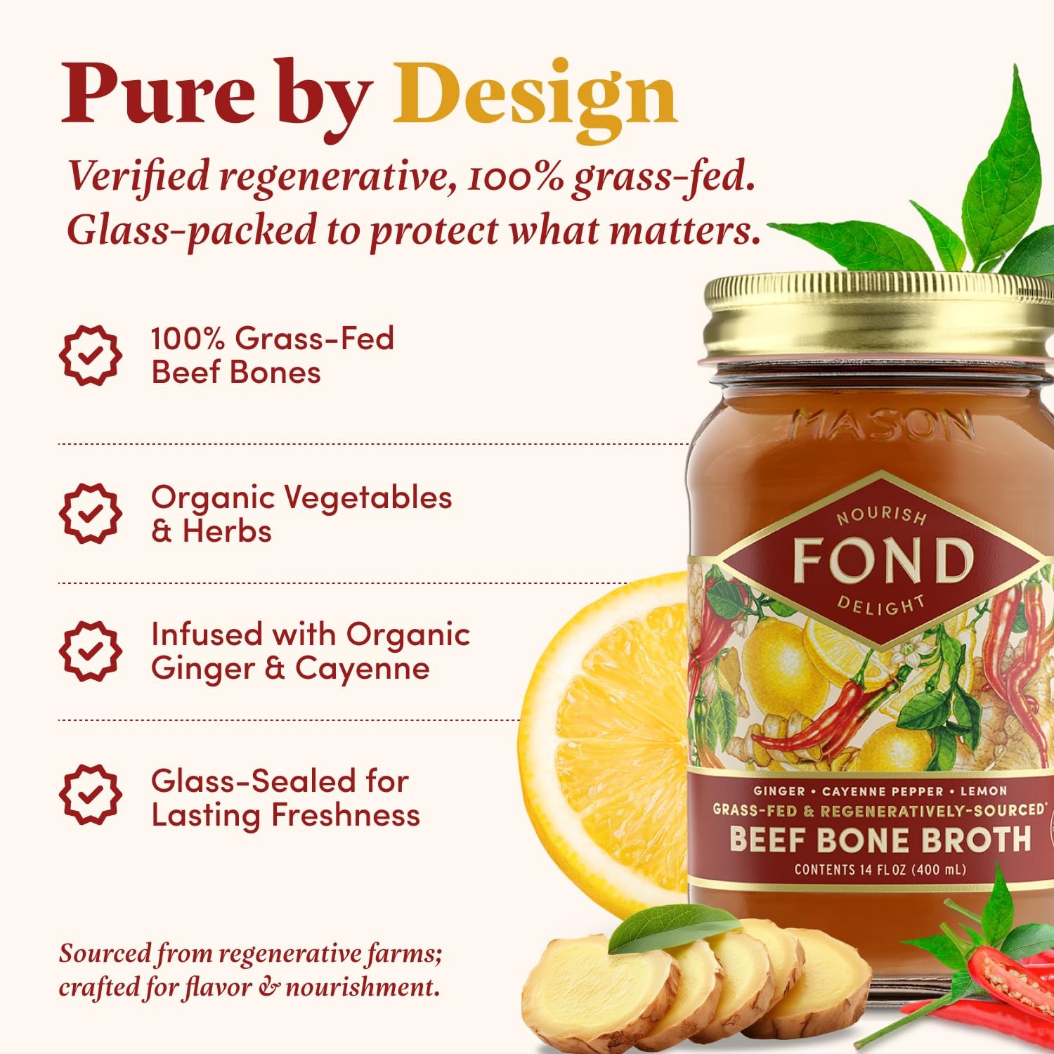 FOND Regenerative Grass Fed Beef Bone Broth Infused with Organic Ginger Caye…