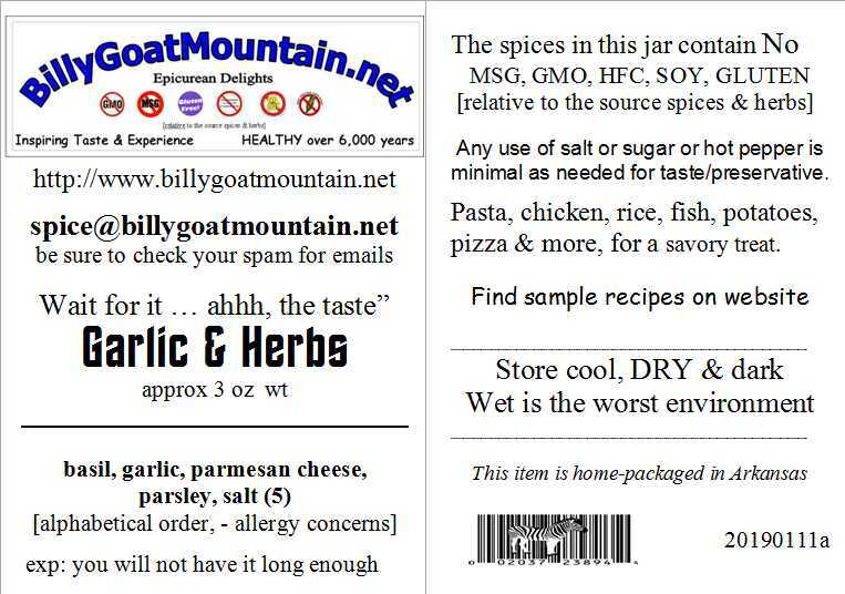 Garlic & Herb Blend Gourmet Spice Billy Goat Mountain Seasoning Herbs recipes