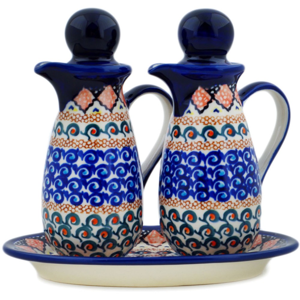 Polish Pottery Seasoning Set 7-inch Coral Diamonds UNIKAT Handmade Poland