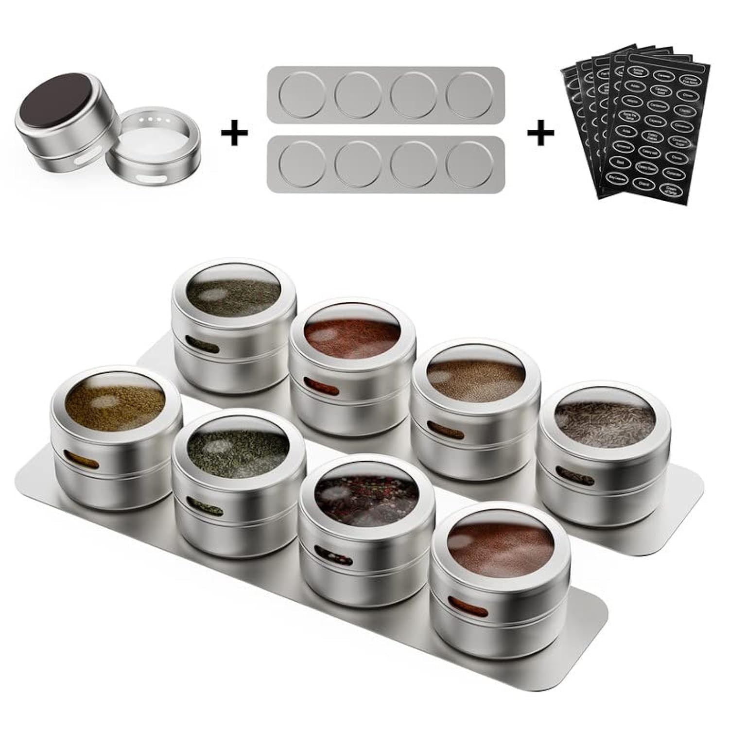 Vetacsion Set of 8 Magnetic Spice Tins with 2 Metal 8 Pack, Silver