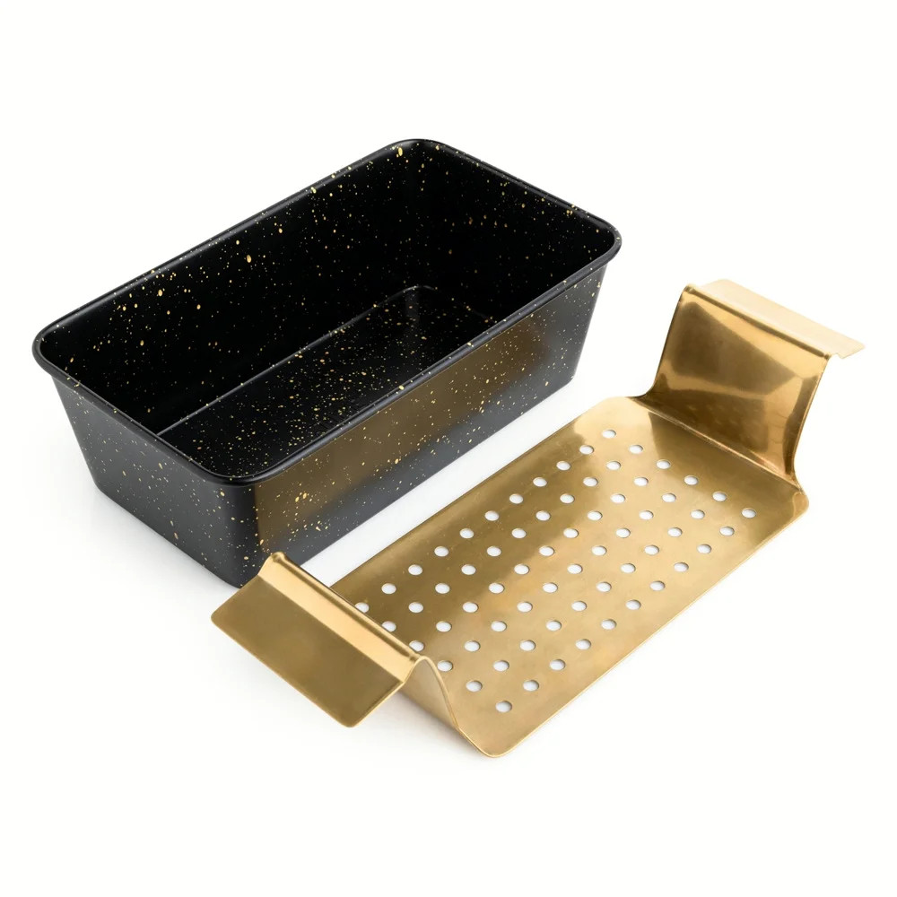 Non-Stick Loaf Pan with Gold Stainless Steel Trivet – Black and Gold