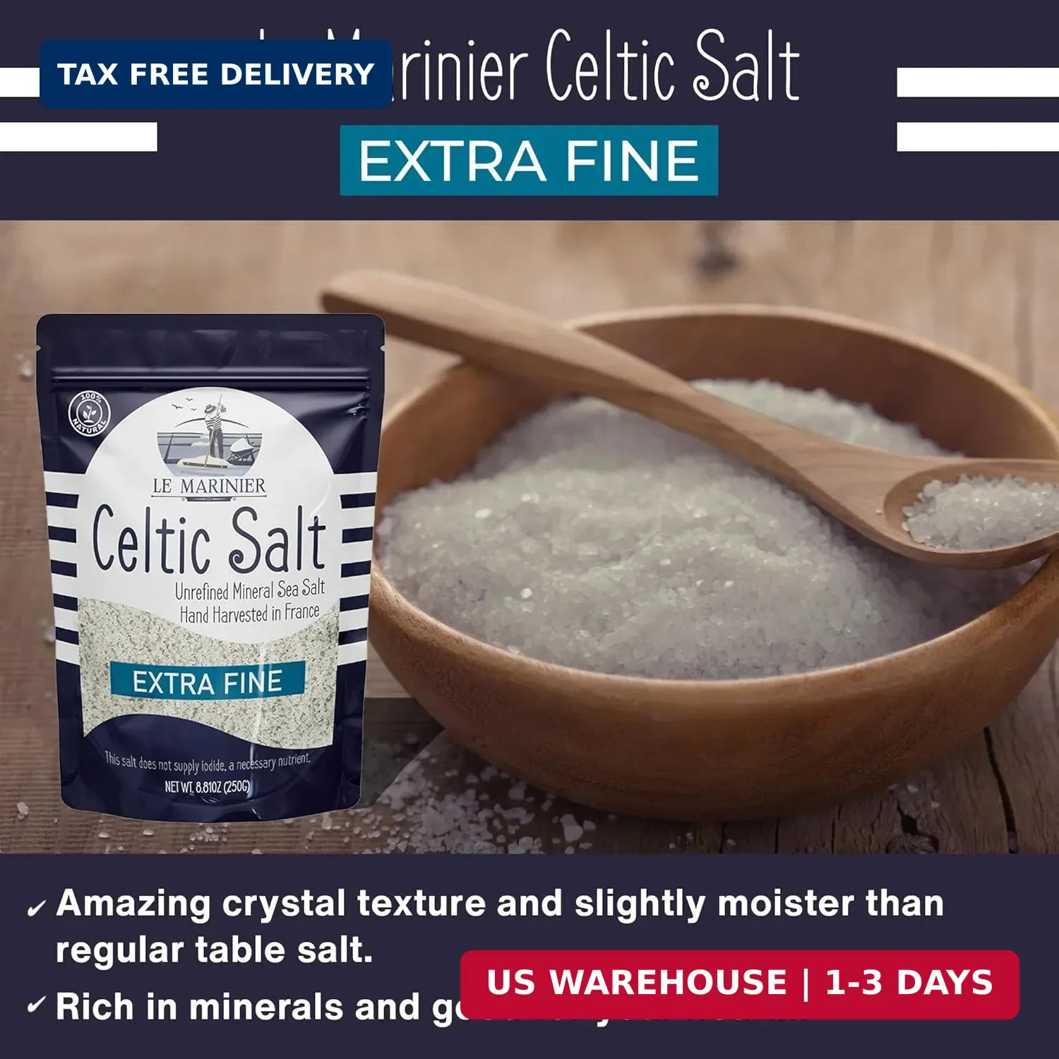 Le Marinier French Sea Salt Extra Fine, 8.81oz – 0.6lb. Celtic Salt Organic- 100