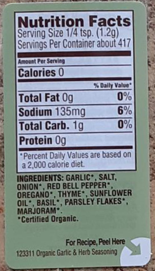NEW BIG Size – Organic Spice Islands Garlic & Herb Seasoning, Net 17.6 oz.