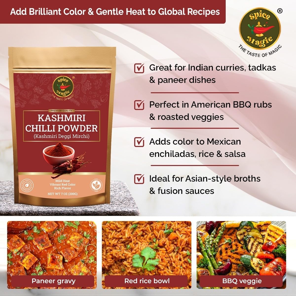 Spice Magic Kashmiri Chili Powder 7oz 200g I Mild Low Heat Red Chili Powder I…