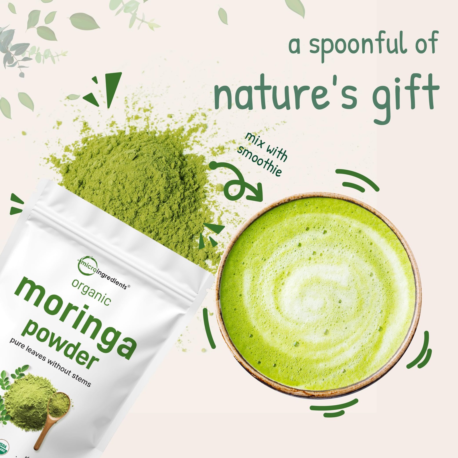 Micro Ingredients Organic Moringa Oleifera Leaf Powder, 16 Ounce (Pack of 1)