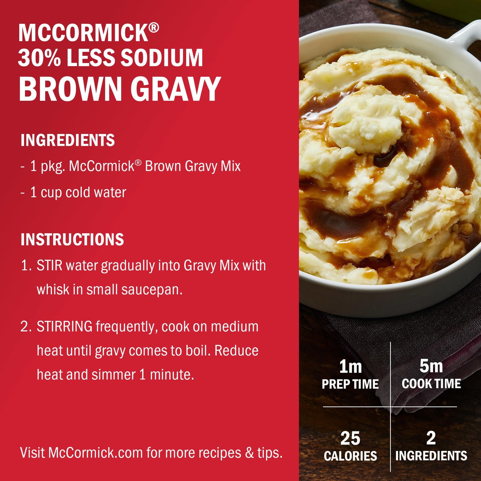 McCormick 30% Less Sodium Brown Gravy Mix, 0.87 oz (Pack of 12)